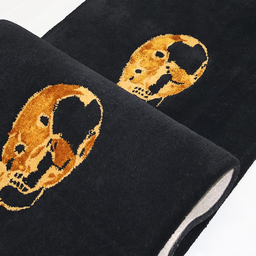 Black Handmade Tufted Rug with Golden Skull Design for Modern Living Room Decor
