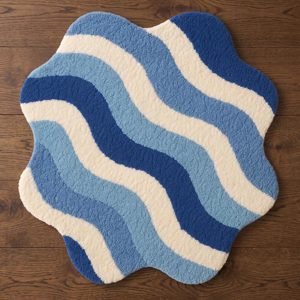 Blue And White Wavy Shaped Handmade Tufted Bathroom Rug For Modern Home Decor - Backing Material: Canvas Latex