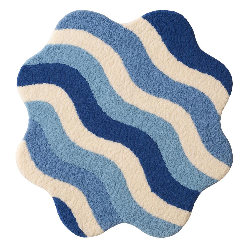 Blue and White Wavy Shaped Handmade Tufted Bathroom Rug for Modern Home Decor