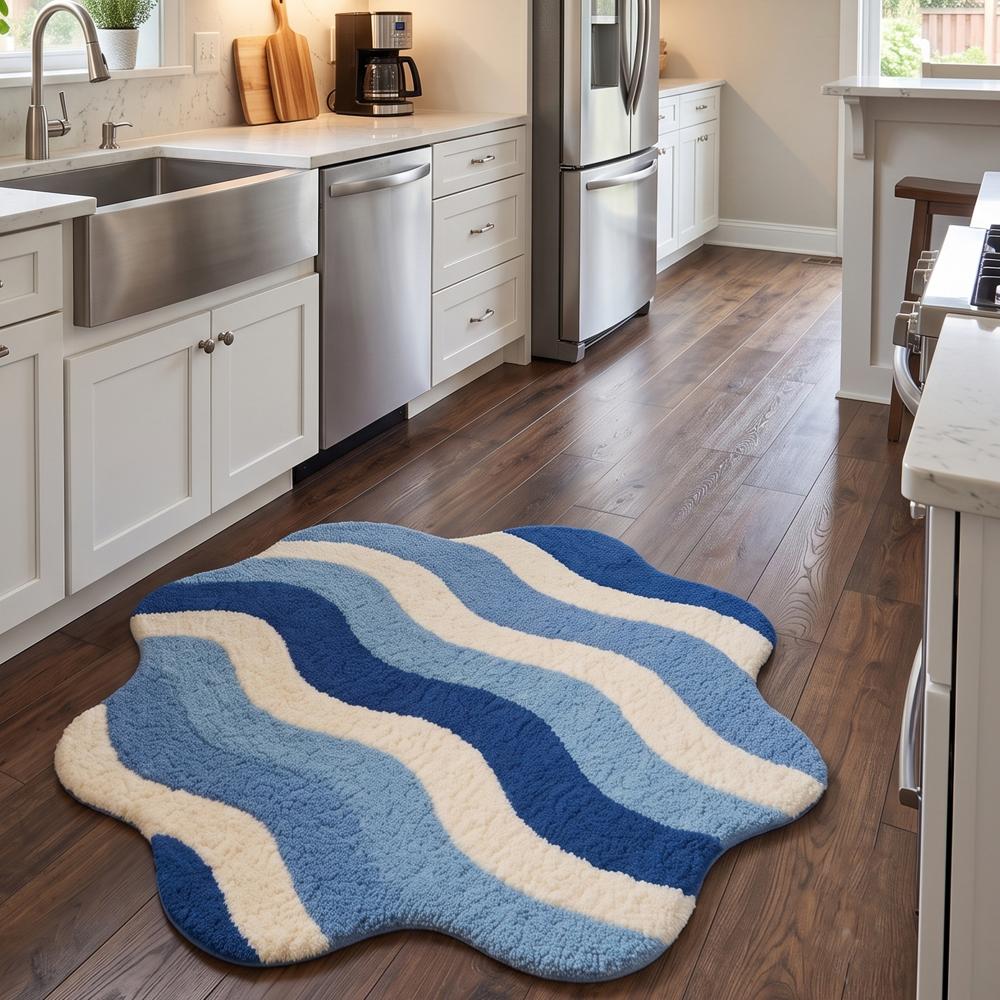 Blue and White Wavy Shaped Handmade Tufted Bathroom Rug for Modern Home Decor