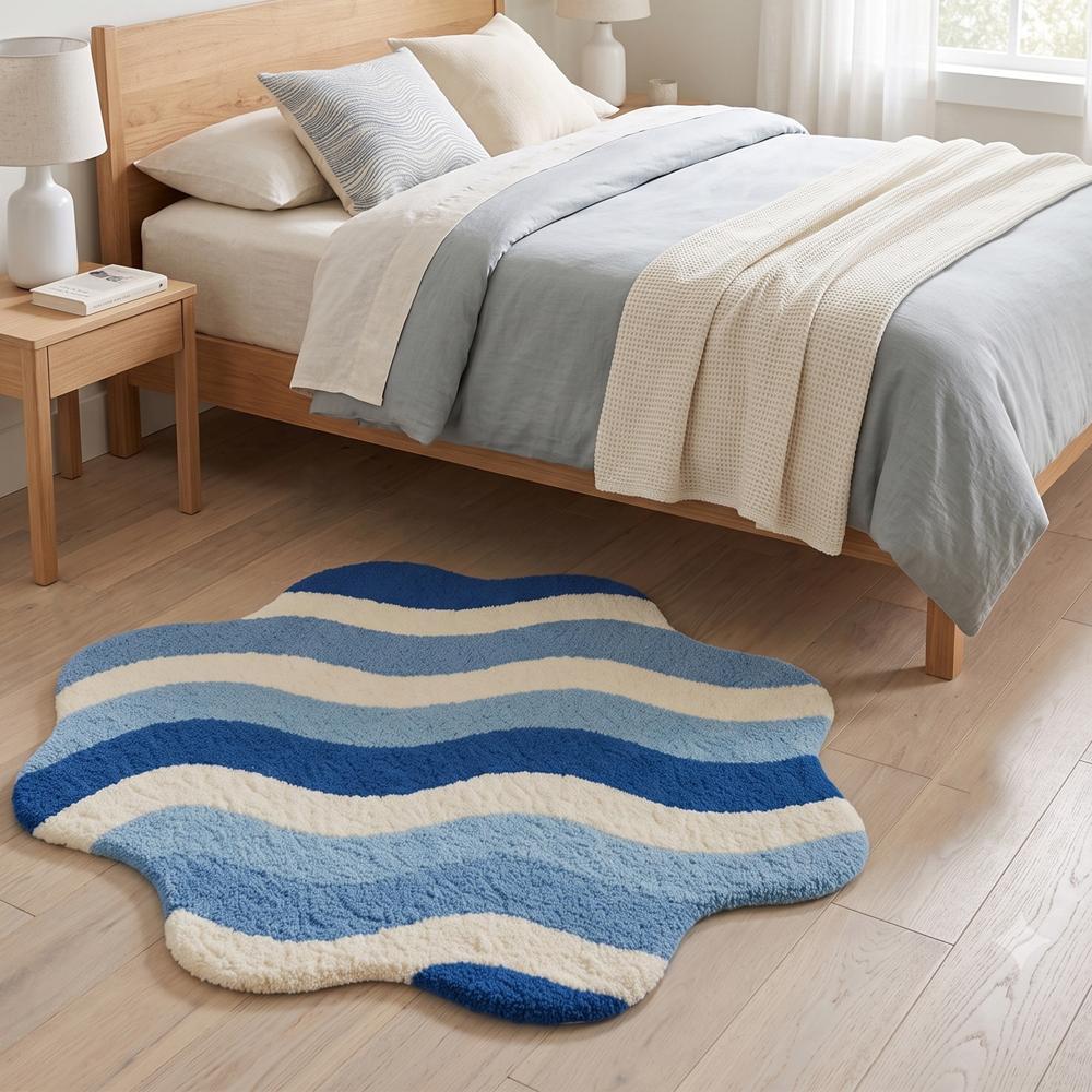 Blue and White Wavy Shaped Handmade Tufted Bathroom Rug for Modern Home Decor