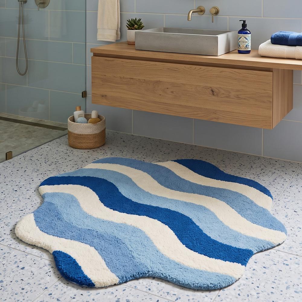 Blue and White Wavy Shaped Handmade Tufted Bathroom Rug for Modern Home Decor