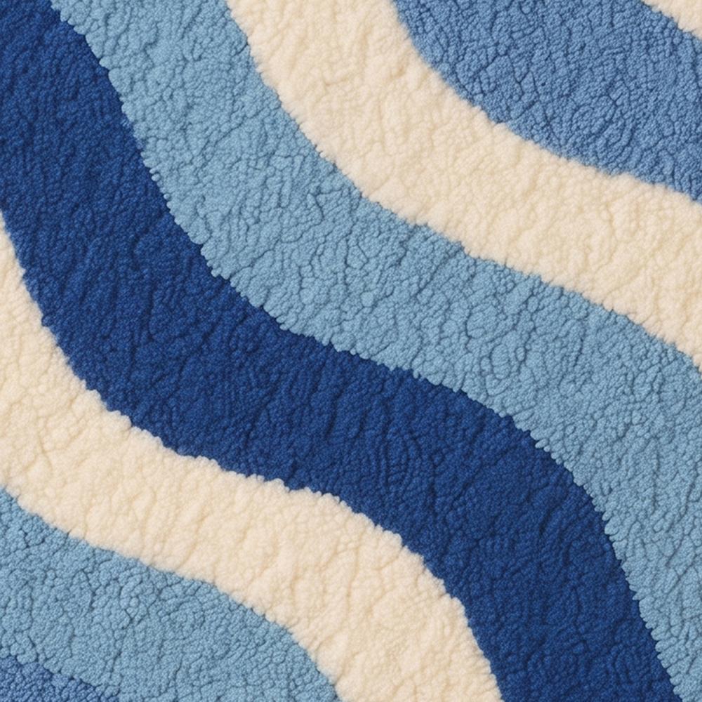 Blue and White Wavy Shaped Handmade Tufted Bathroom Rug for Modern Home Decor