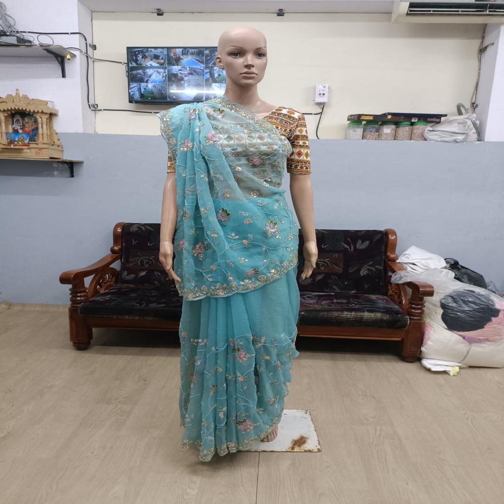 Celeste Aqua Embroidered Saree