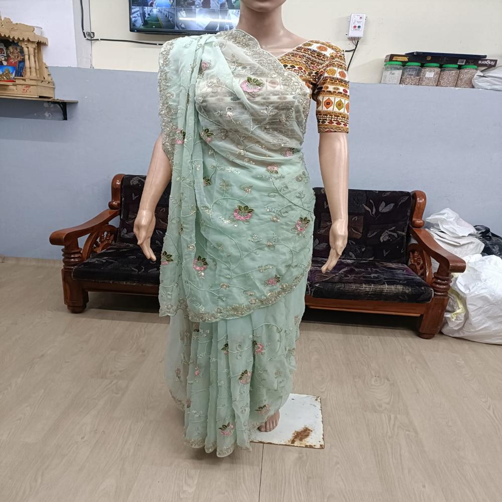 Mint Meadow Embroidered Saree