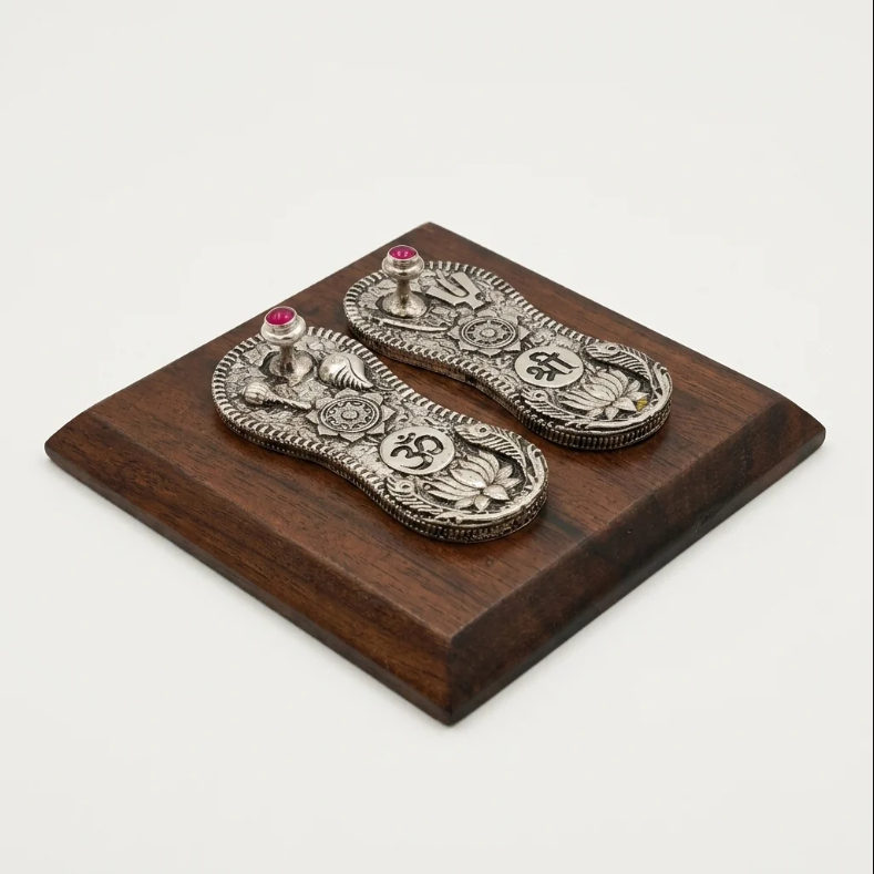 Vishnu Paduka on Wooden Base in Pure Silver Plating