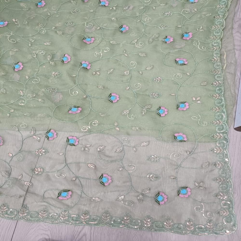 Sage Blossom Embroidered Saree