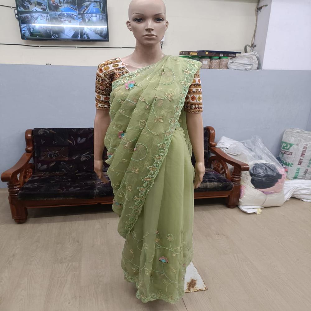 Sage Blossom Embroidered Saree