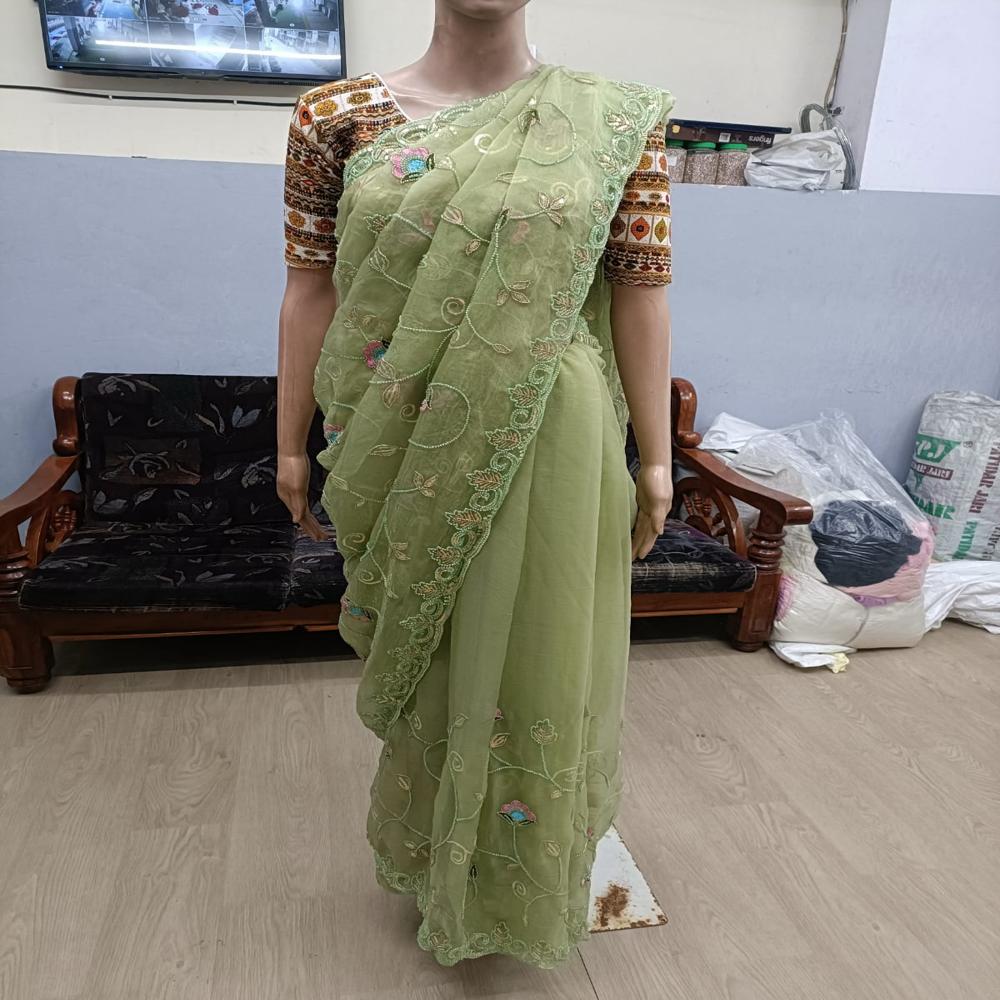 Sage Blossom Embroidered Saree
