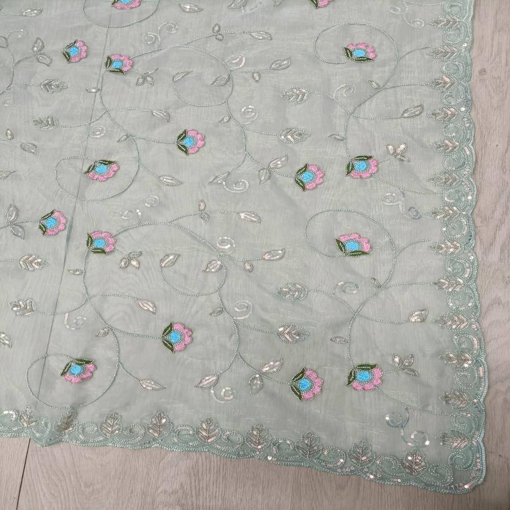 Mint Blossom Embroidered Saree - Design: Flower