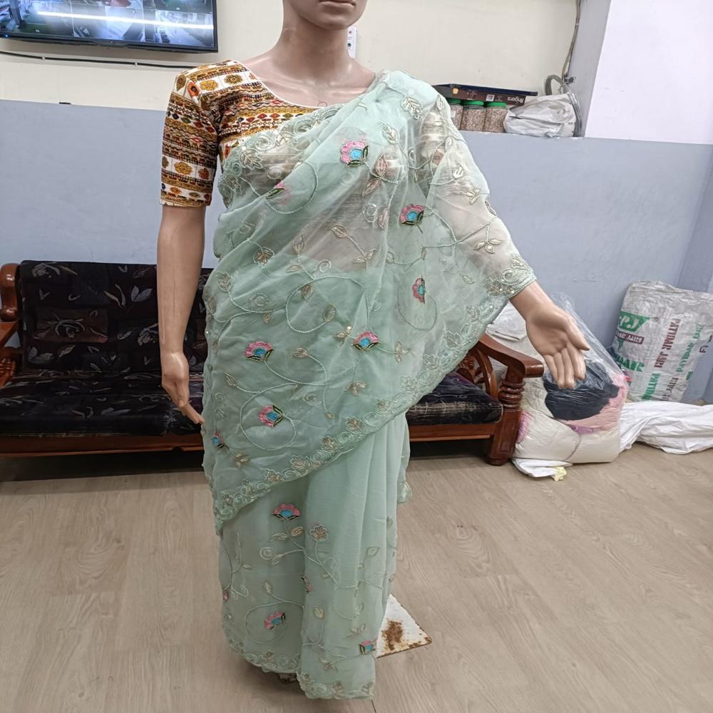 Mint Blossom Embroidered Saree