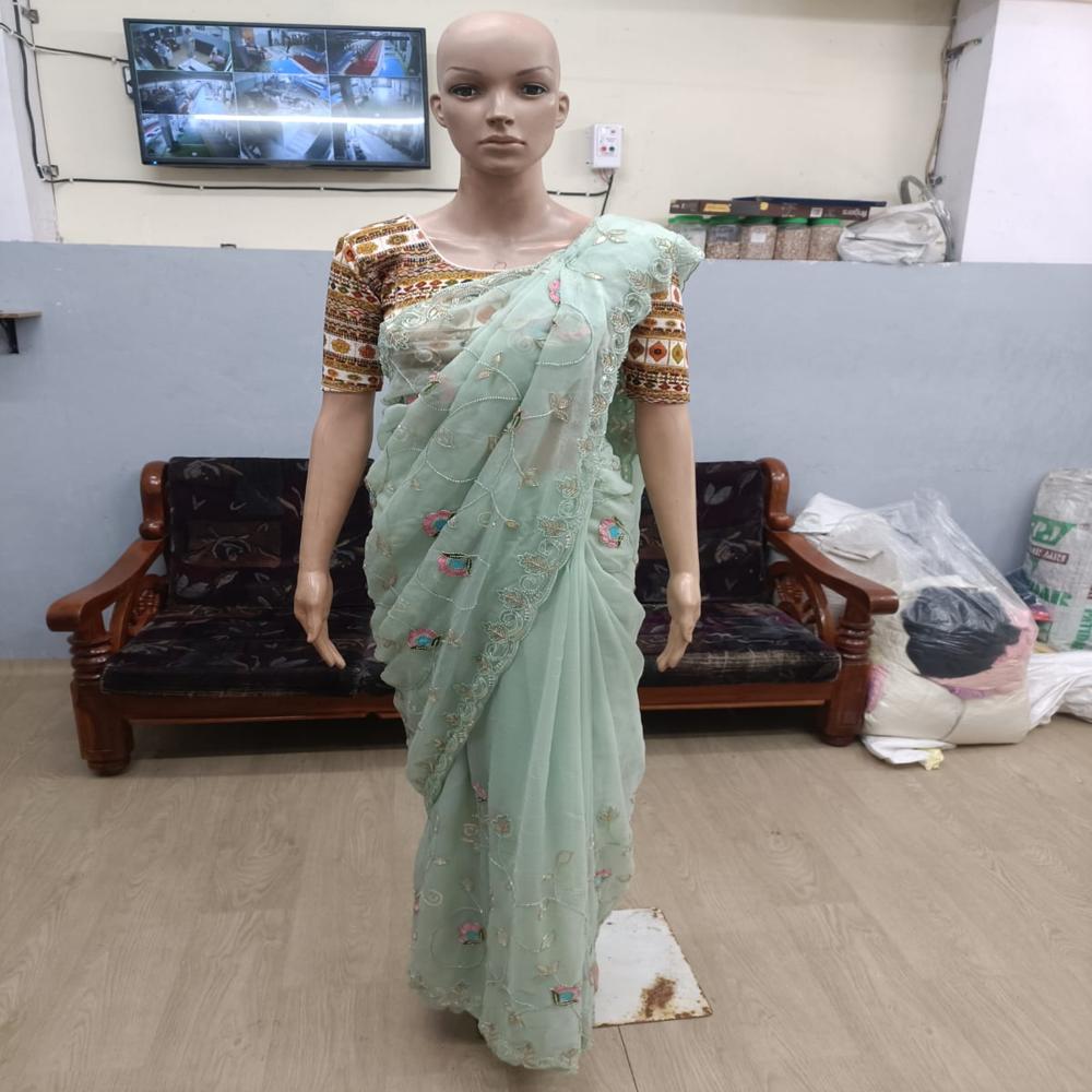 Mint Blossom Embroidered Saree