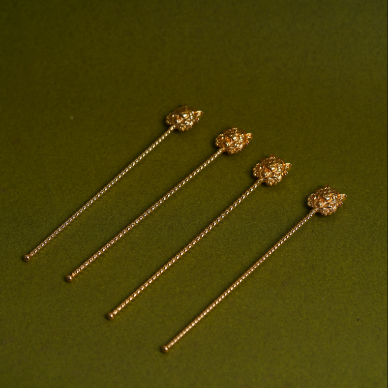 Tiger Head Cocktail Stirrer Set in Gold Plating