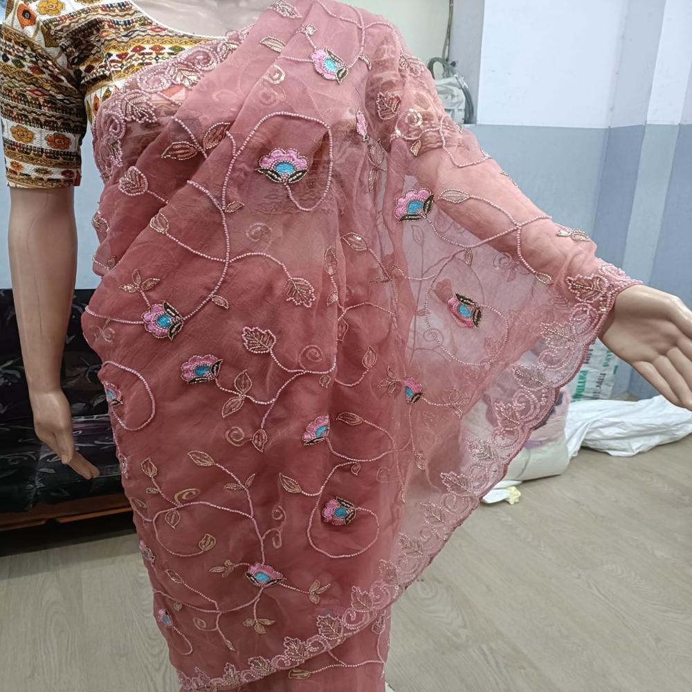 Dusty Rose Mirror-Work Saree