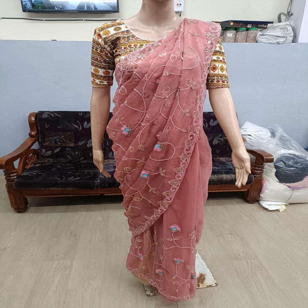 Dusty Rose Mirror-Work Saree