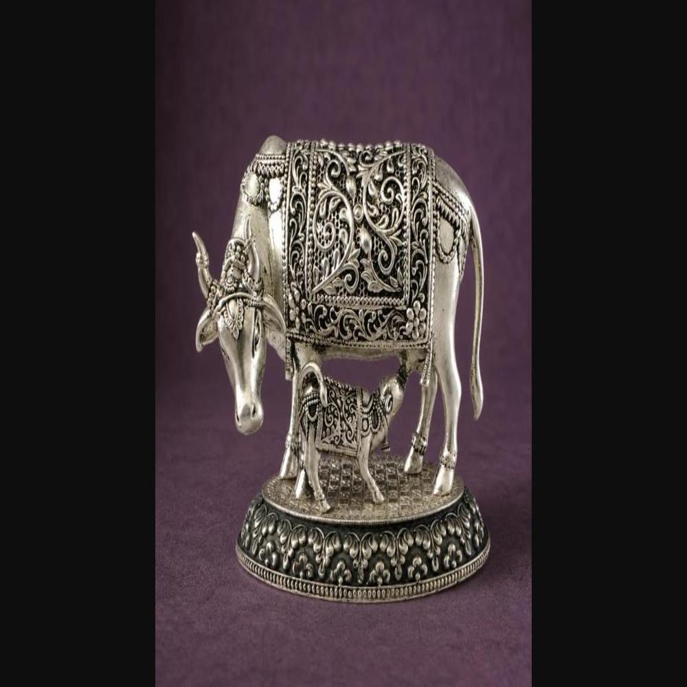 Kamdhenu Cow & Calf Sculpture in Pure Silver Plating