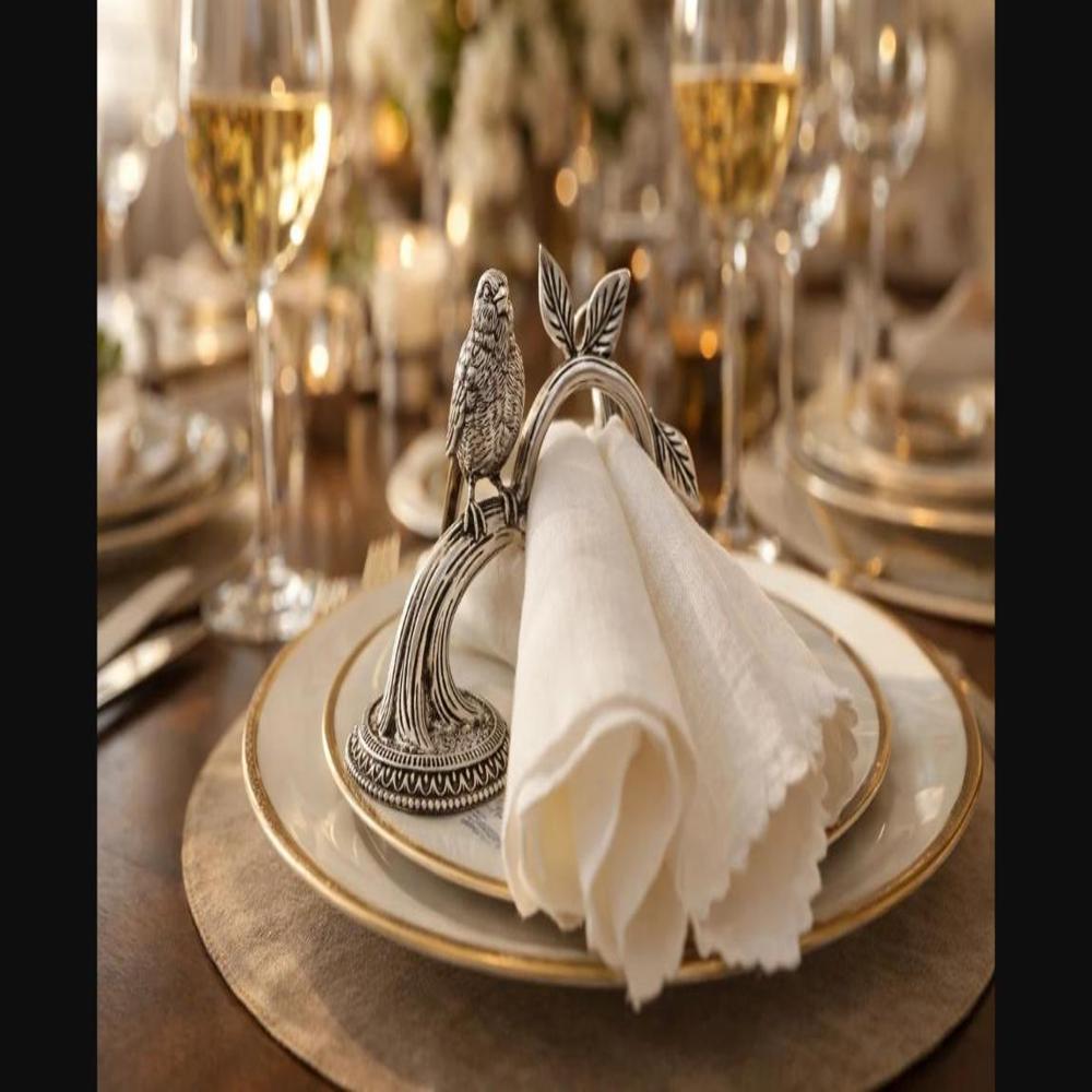 Bird on Branch Napkin Ring Set in Pure Silver Plating