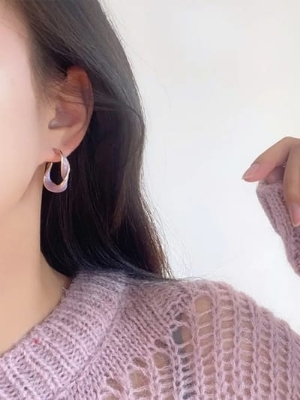 Pink Double-Layer Hoop Earrings - Color: Purple White