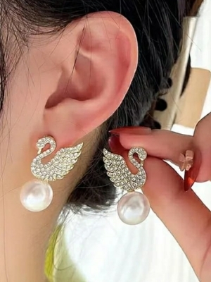 Silver-Tone Swan Pearl Drop Earrings - Color: White