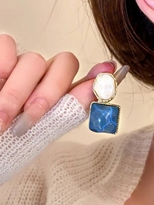 Blue and White Geometric Stone Drop Earrings