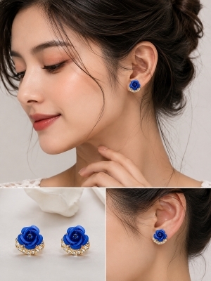 Blue Rose Gold-Tone Stud Earrings - Gender: Women