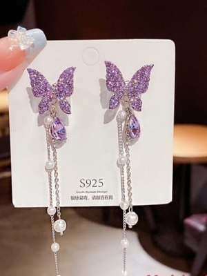Purple Butterfly Pearl Tassel Earrings - Gender: Women
