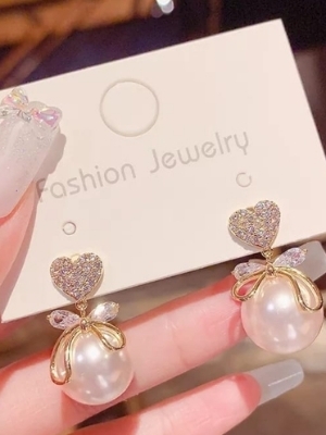 Heart Design Pearl Drop Earrings With Gold-Tone Bow - Color: White Gold Tone