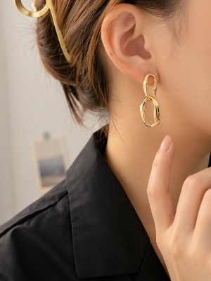 Gold-Tone Double Oval Link Drop Earrings - Color: Gold