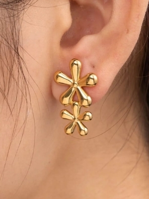 Double Flower Drop Earrings - Color: Gold