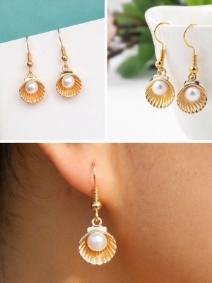 Golden Seashell Pearl Drop Earrings - Color: Gold Tone