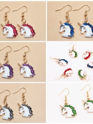 Multicolor Enamel Unicorn Dangle Earrings - Color: Red Blue Green Purple