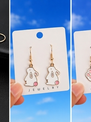 Cute Bunny And Pink Paw Print Dangle Earrings - Gender: Women