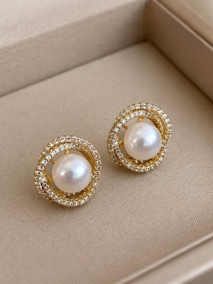 Gold Plated Pearl Stud Earrings With Crystal Embellishments - Gender: Women