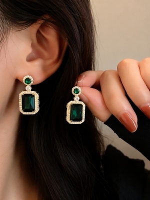 Gold Plated Green Stone Drop Earrings With Crystal Detailing - Gender: Women