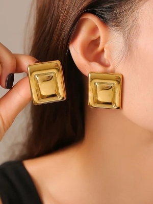 Gold Plated Geometric Square Stud Earrings - Gender: Women