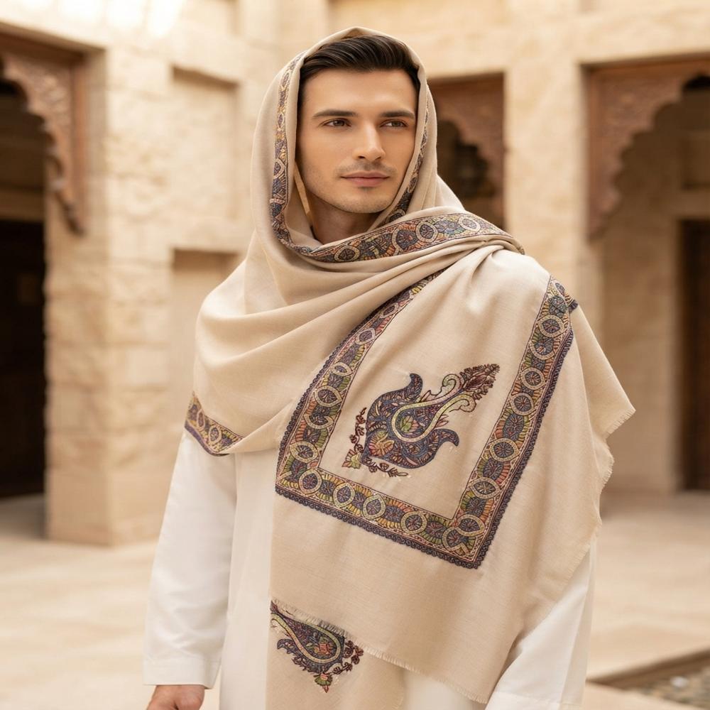 Handmade Pure Pashmina Arabian Thick Fine Needlework Mens Scarf