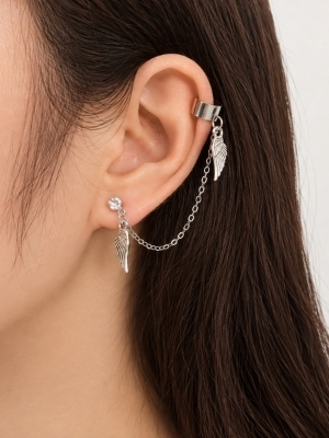 Silver Plated Wing Charm Chain Earrings - Gender: Women