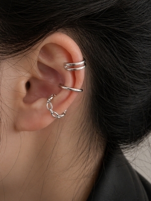 Silver Plated Multi-Style Ear Cuff And Chain Hoop Earrings - Color: Selver
