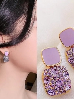 Gold Plated Purple Crystal Drop Earrings - Gender: Women