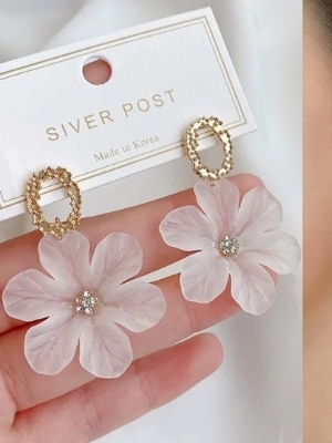 Gold Plated Floral Drop Earrings With Pink Petal Design - Color: Same As Photo