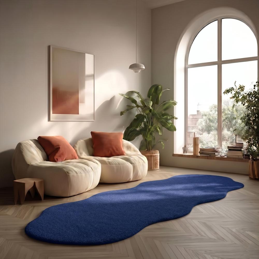 Blue Handmade Tufted Rug with Irregular Wavy Shape for Modern Living Room Decor