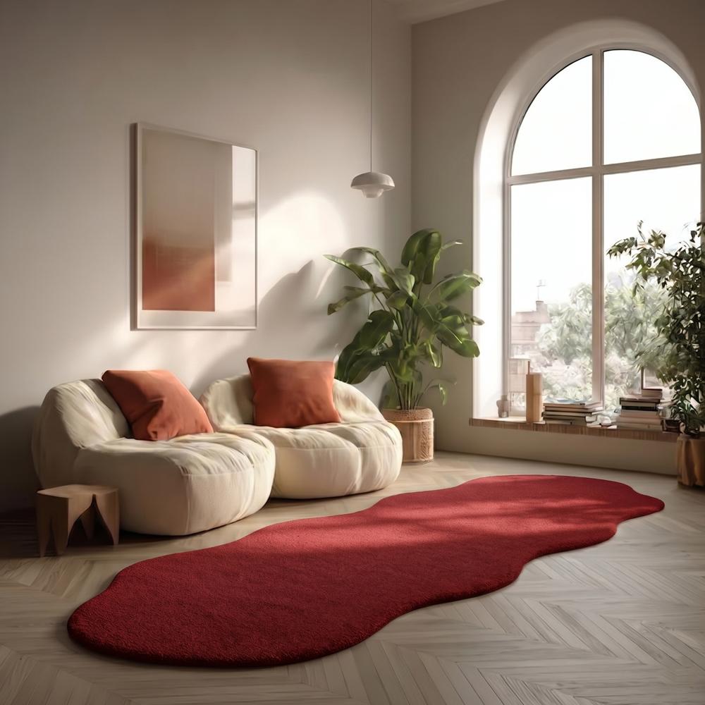 Red Handmade Tufted Rug With Irregular Wavy Shape For Modern Home Decor - Backing Material: Canvas Latex