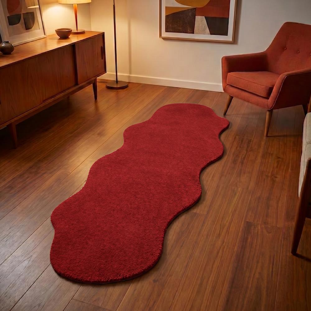 Red Handmade Tufted Rug with Irregular Wavy Shape for Modern Home Decor