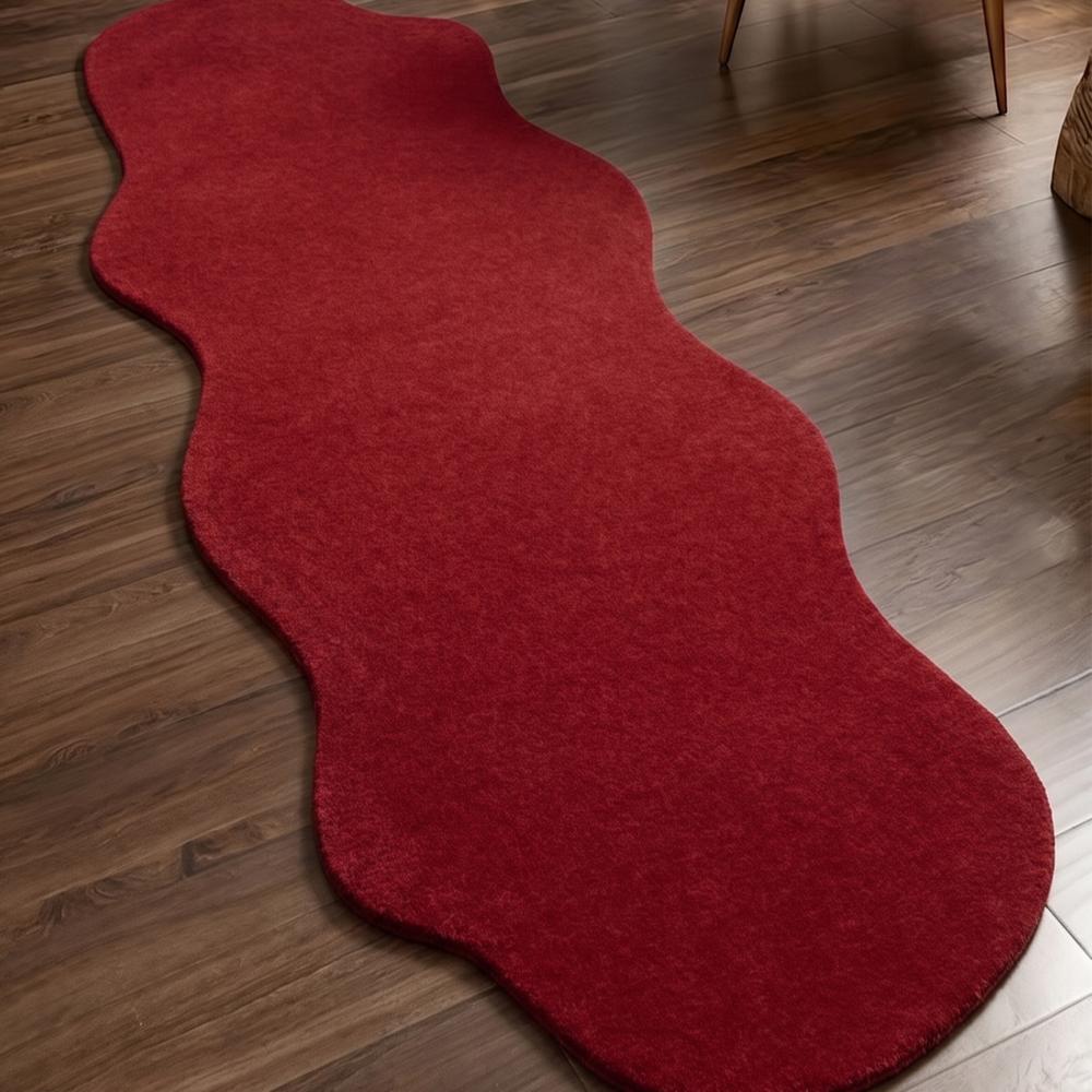 Red Handmade Tufted Rug with Irregular Wavy Shape for Modern Home Decor