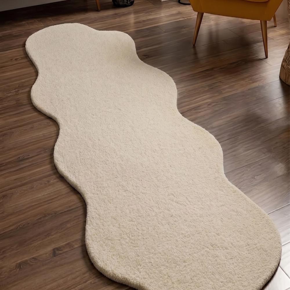 Off White Handmade Tufted Rug with Irregular Wavy Shape for Modern Home Decor