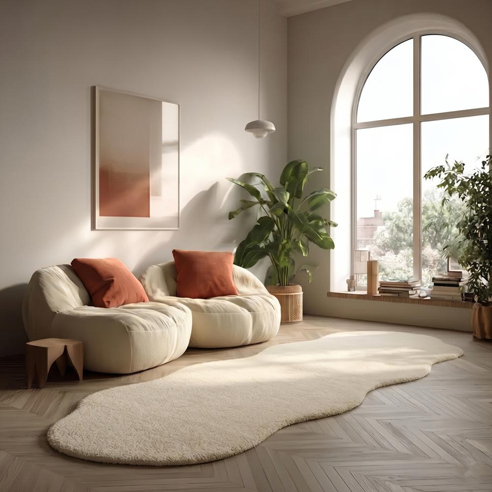 Off White Handmade Tufted Rug with Irregular Wavy Shape for Modern Home Decor