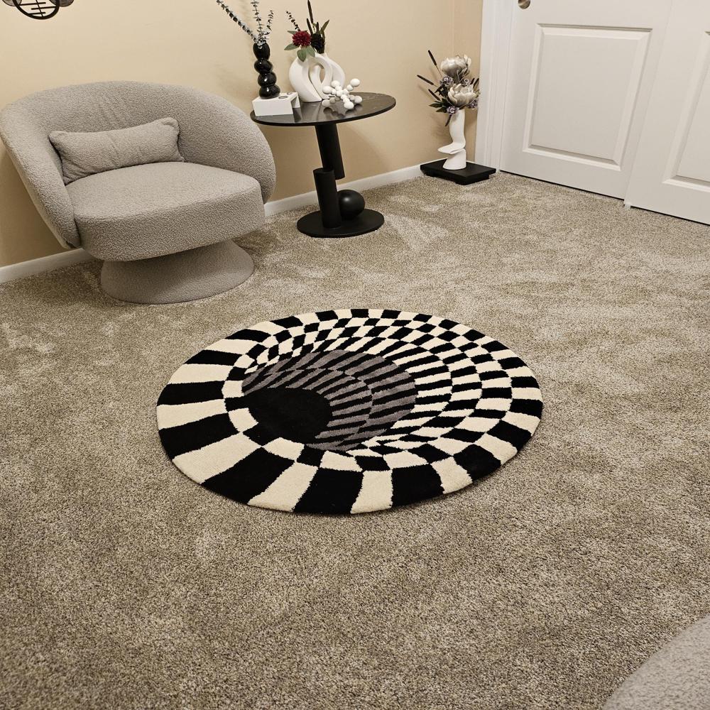Black and White Optical Illusion Round Handmade Tufted Rug with 3D Checkerboard Pattern for Modern Home Decor