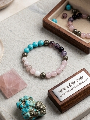 Natural Moolank 6 Healing Crystal Bracelet - Color: Multicolor (Pink