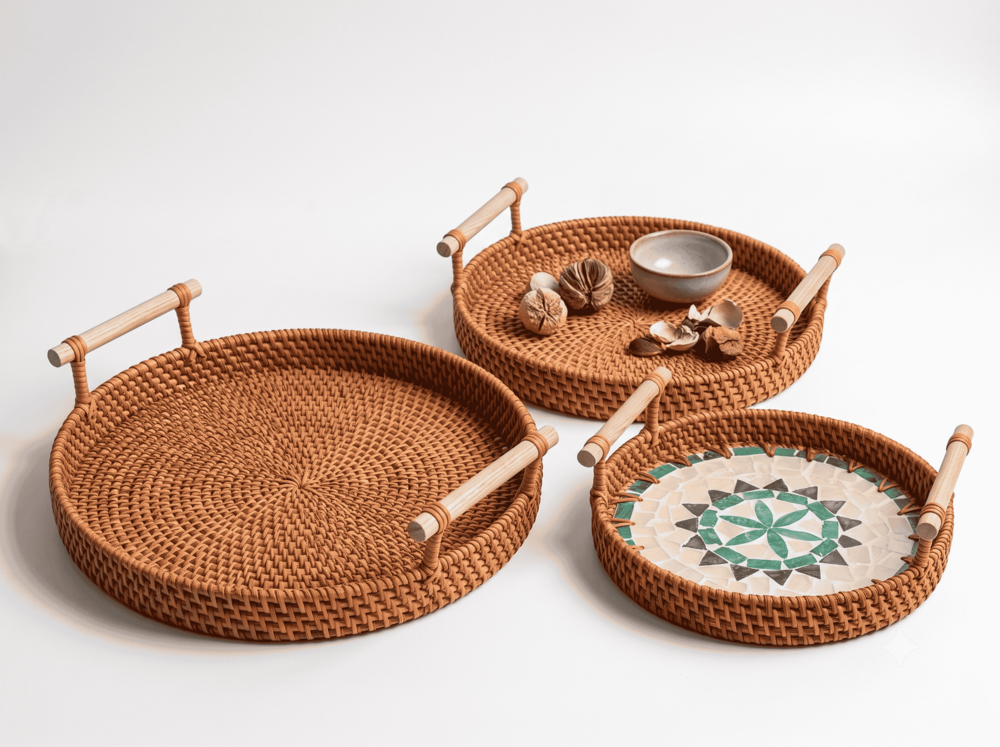 Rattan Serving Tray Set of 3 with Mosaic Inlay & Wooden Handles a Round Nesting Trays