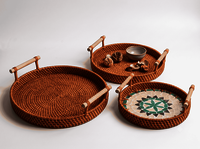 Rattan Serving Tray Set Of 3 With Mosaic Inlay & Wooden Handles A   Round Nesting Trays